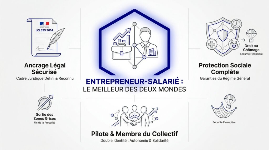Infographie des avantages du statut Entrepreneur-Salarié en CAE, incluant ancrage légal, protection sociale et sécurité.