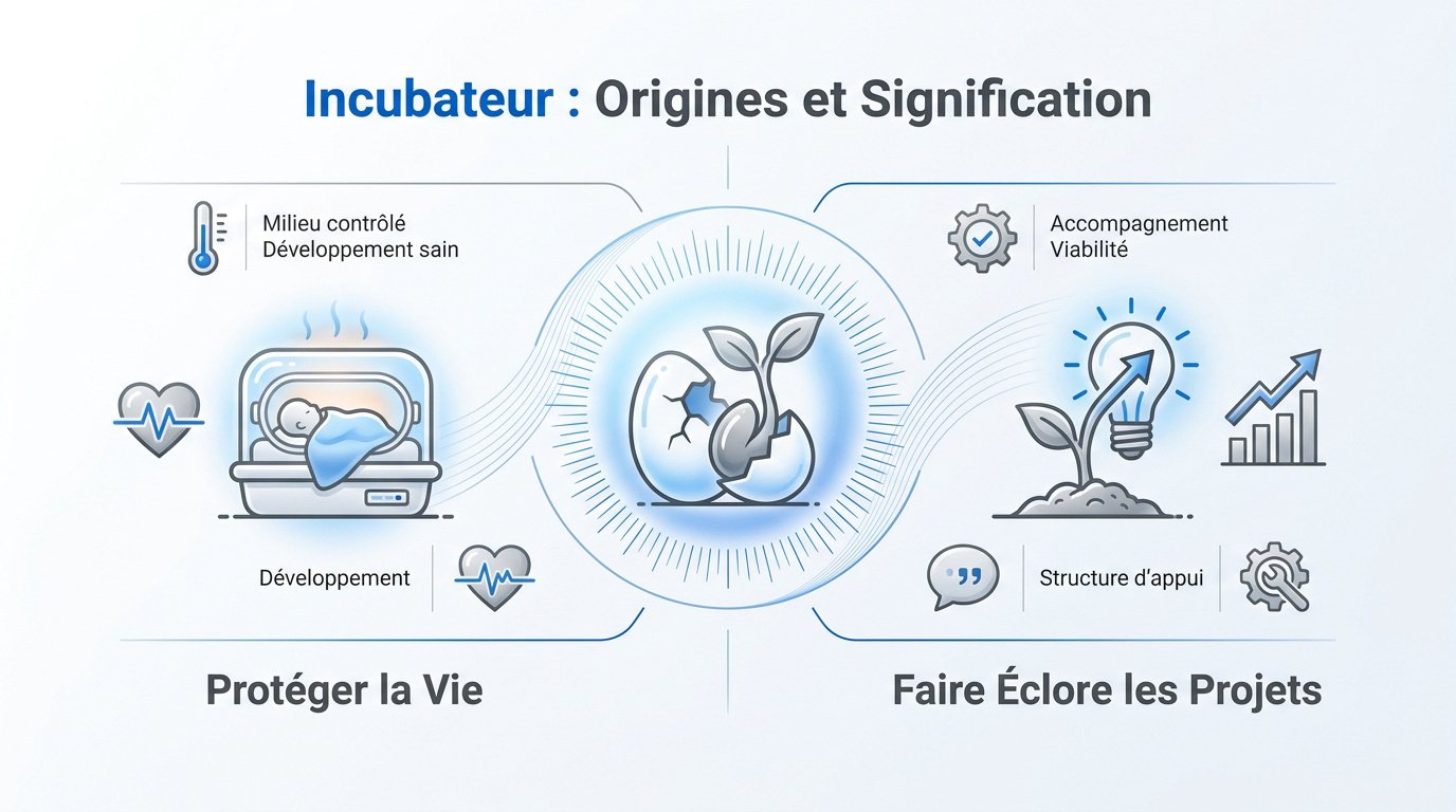 Illustration de l'analogie entre une couveuse biologique et l'incubation de projets entrepreneuriaux