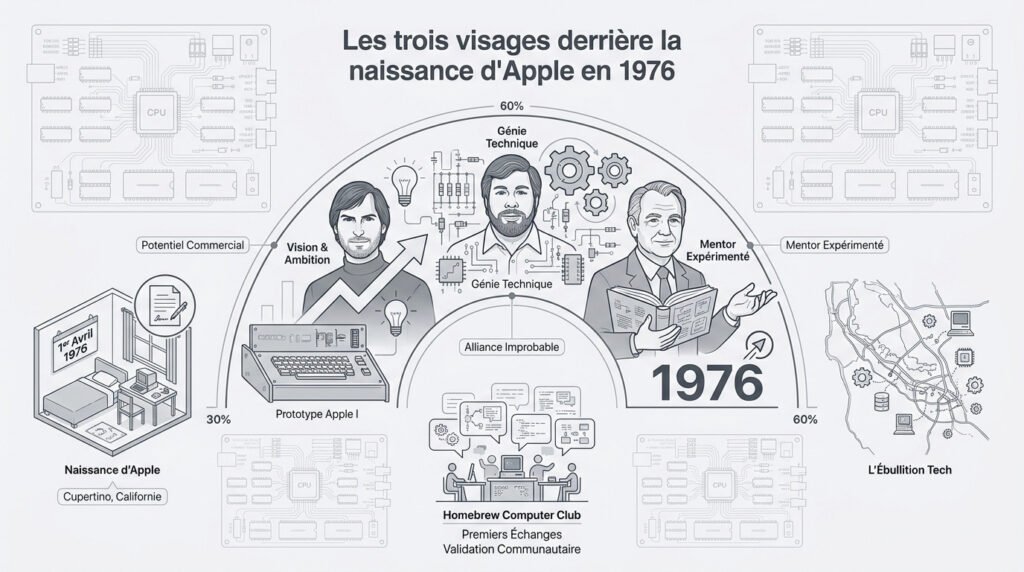 Infographie détaillée sur les fondateurs d'Apple (Jobs, Wozniak, Wayne) et la création de l'entreprise en 1976, incluant leurs rôles clés et le contexte.