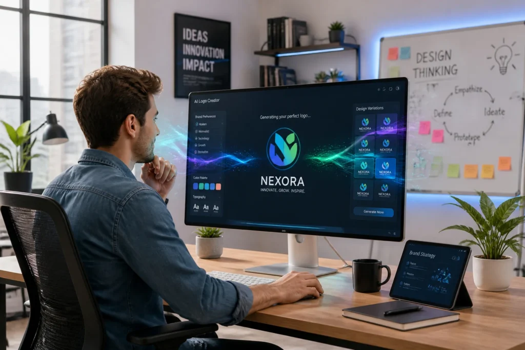 Jeune entrepreneur utilisant un createur de logo ia