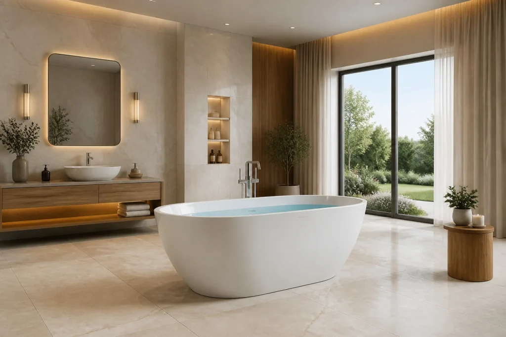 Salle de bain moderne avec baignoire ilot
