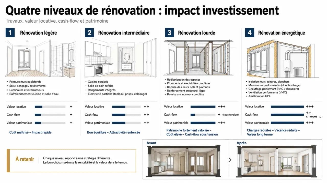 Investir dans la rénovation immobilière pour optimiser son patrimoine : comparaison visuelle des niveaux de travaux et de leur impact