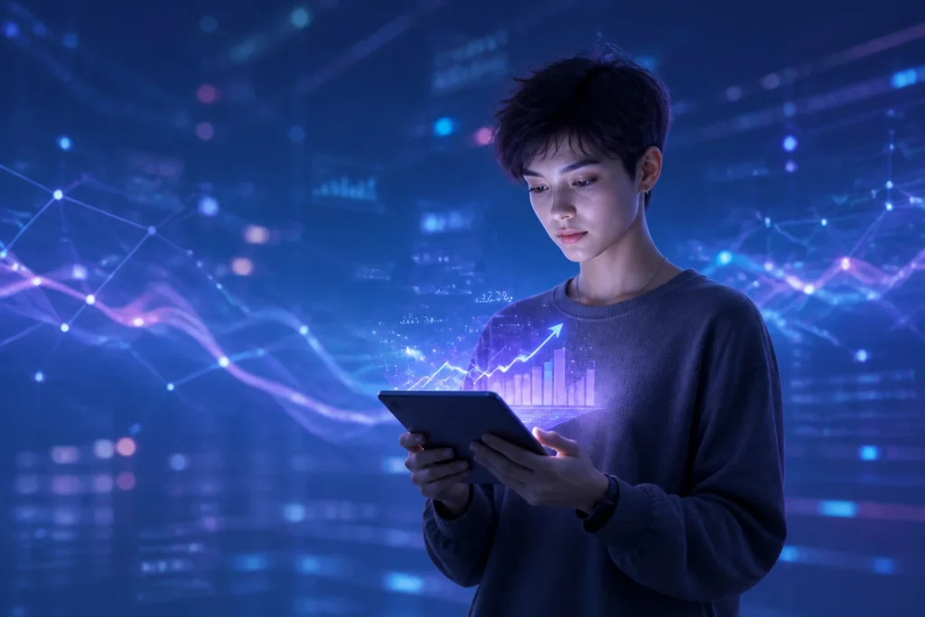 Jeune adulte analysant des donnees futuristes