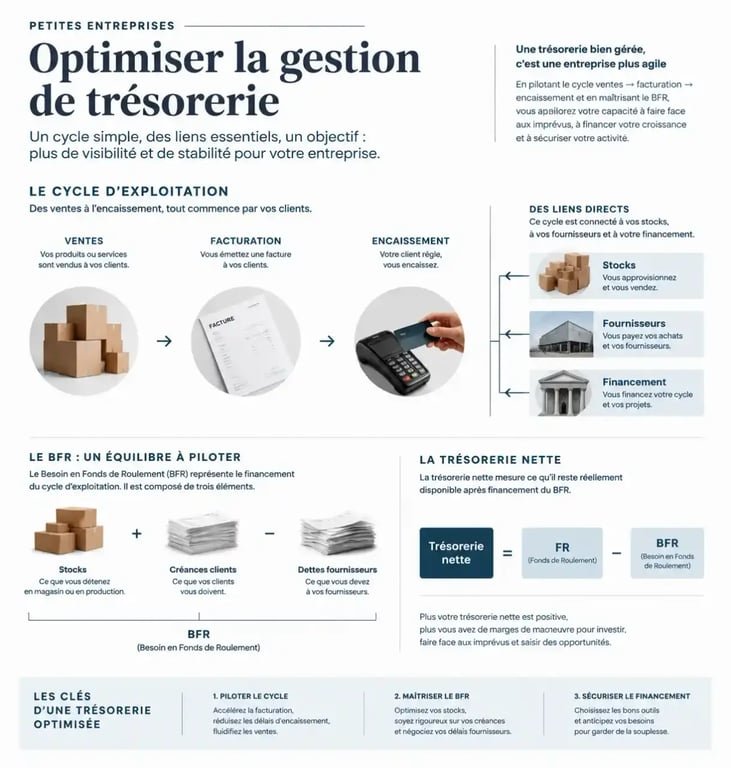 Infographie pour optimiser la gestion de trésorerie pour les petites entreprises avec le cycle des encaissements, des stocks et des fournisseurs